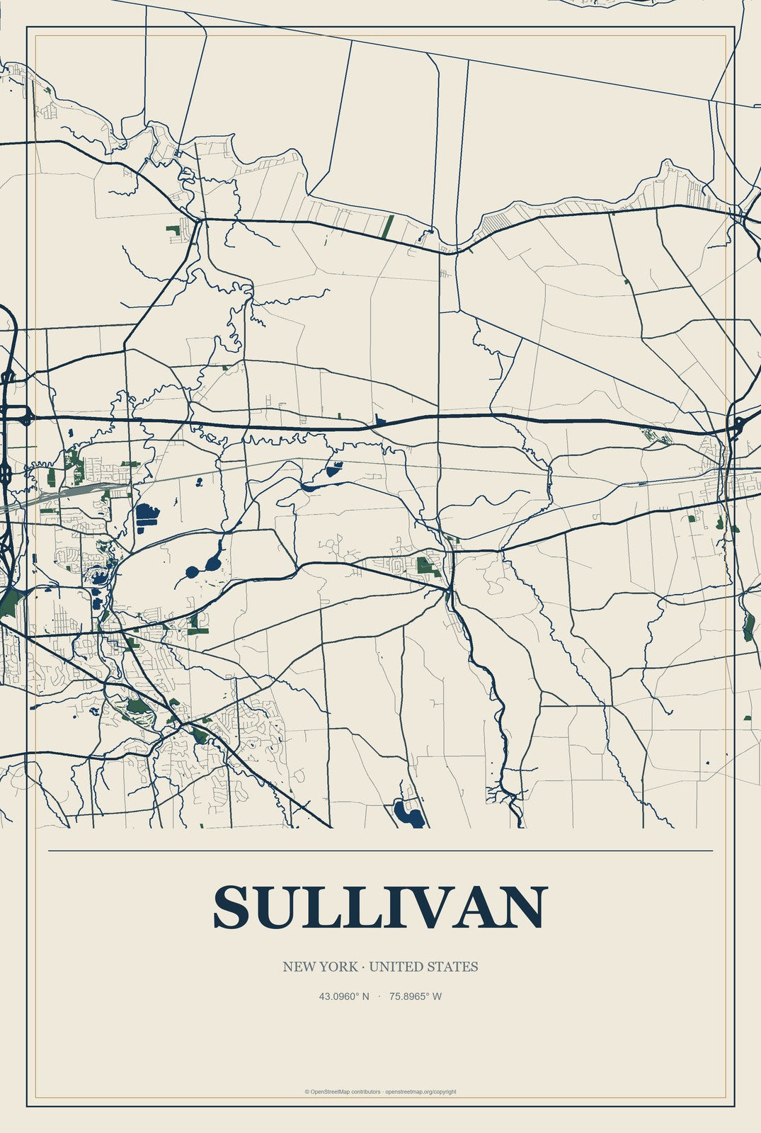 Sullivan, New York City Map Aluminum Sign in Coastal Cutout style