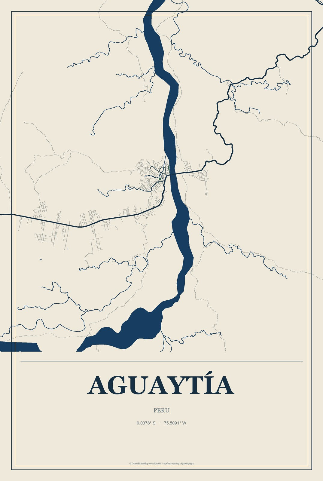 Aguaytía, Peru City Map Aluminum Sign in Coastal Cutout style