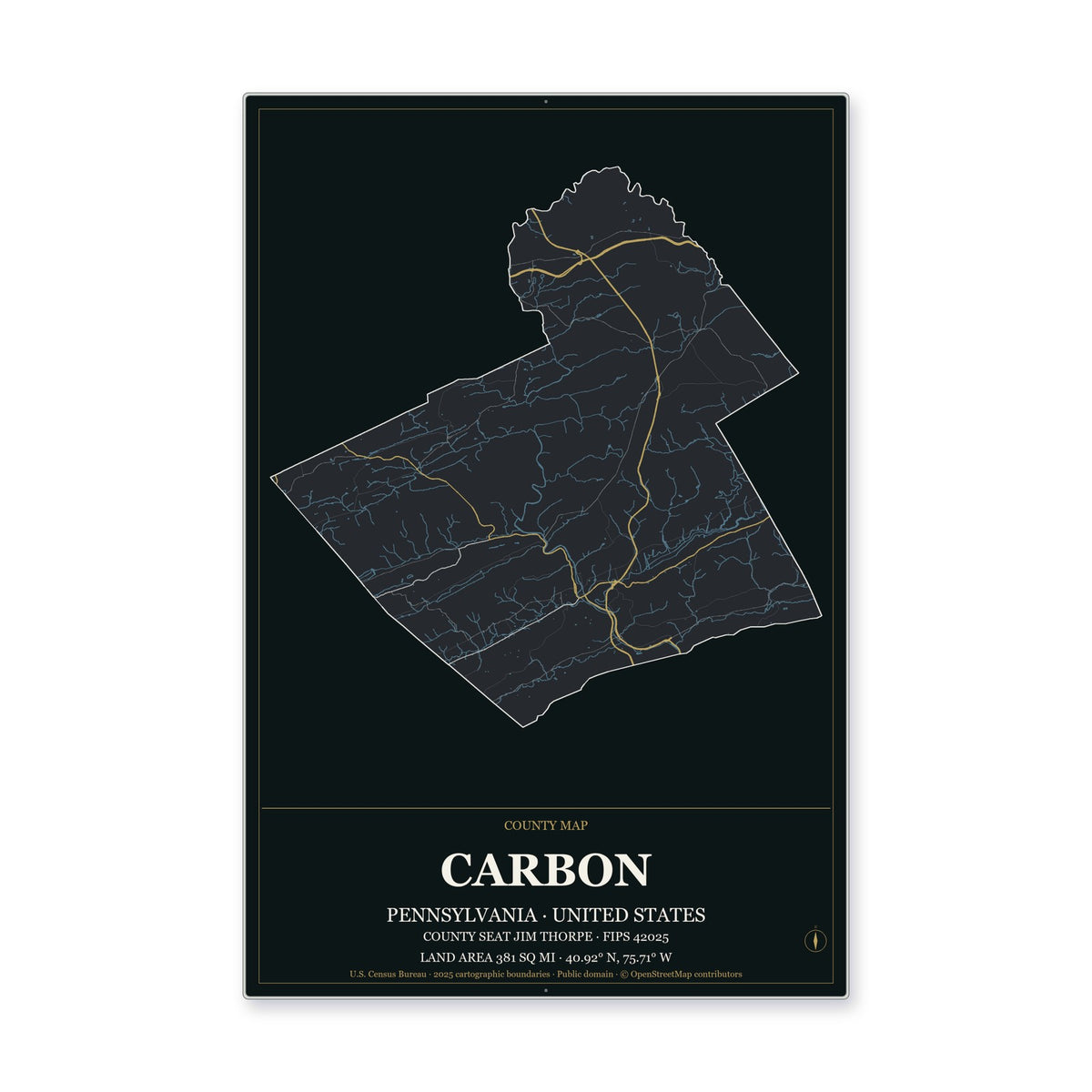 Carbon County, Pennsylvania Map Aluminum Sign in Metropolitan Noir style