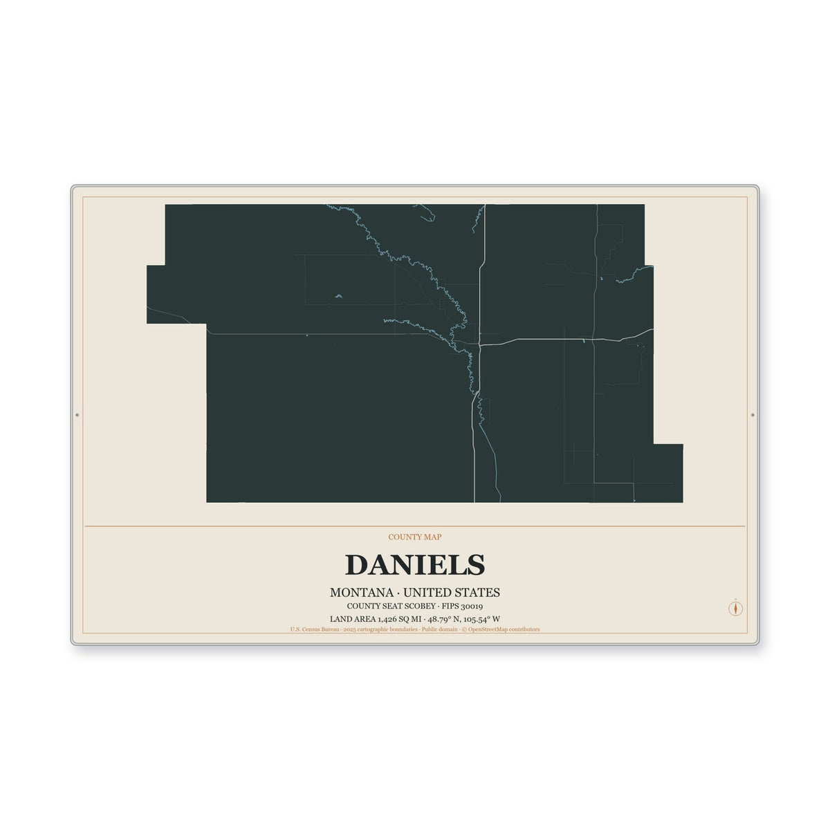 Daniels County, Montana Map Aluminum Sign in Headline Atlas style