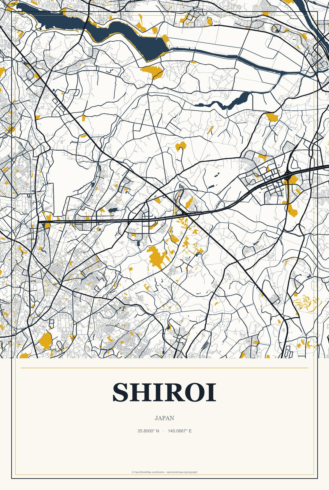 Shiroi, Japan City Map Aluminum Sign in Citrine Modern style