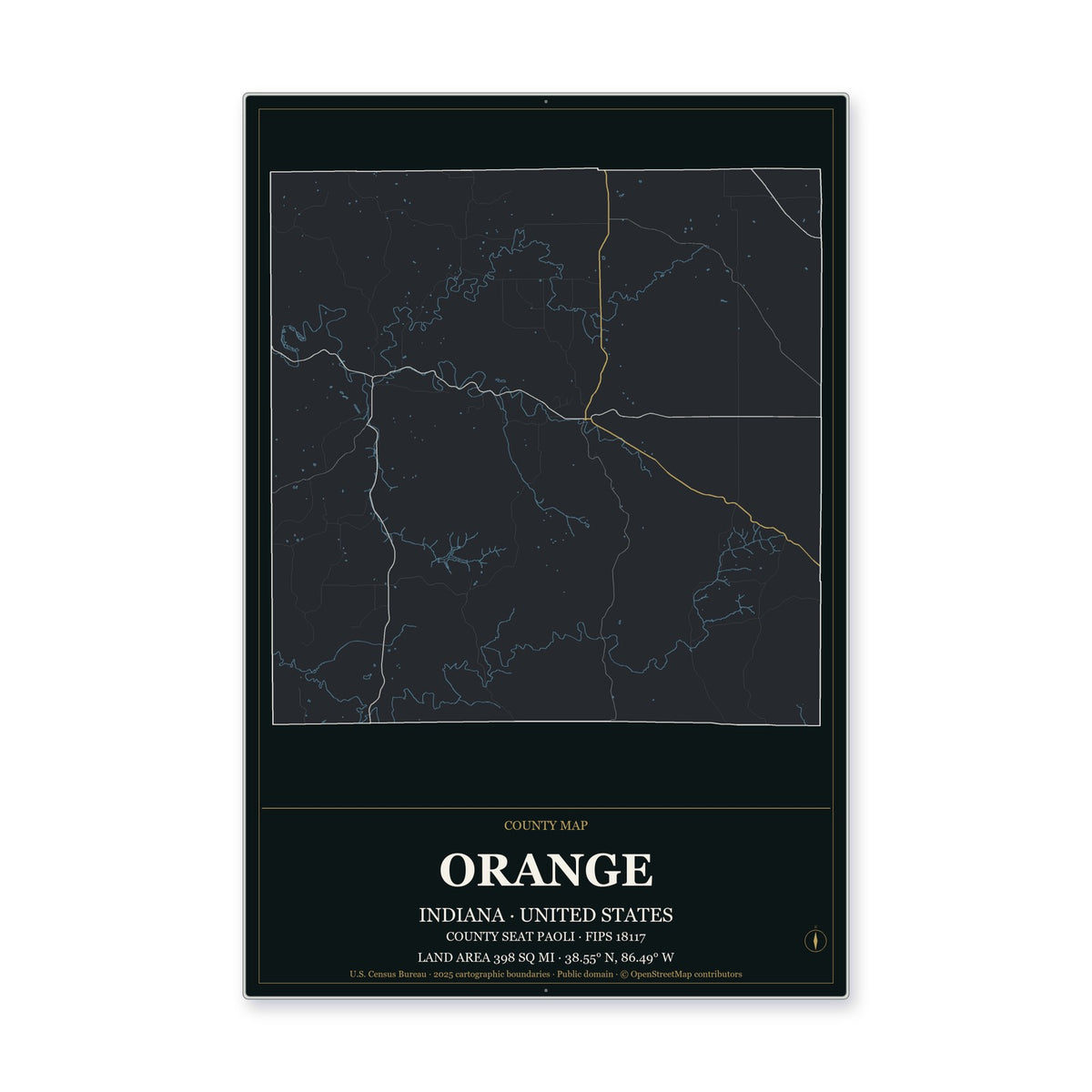 Orange County, Indiana Map Aluminum Sign in Metropolitan Noir style