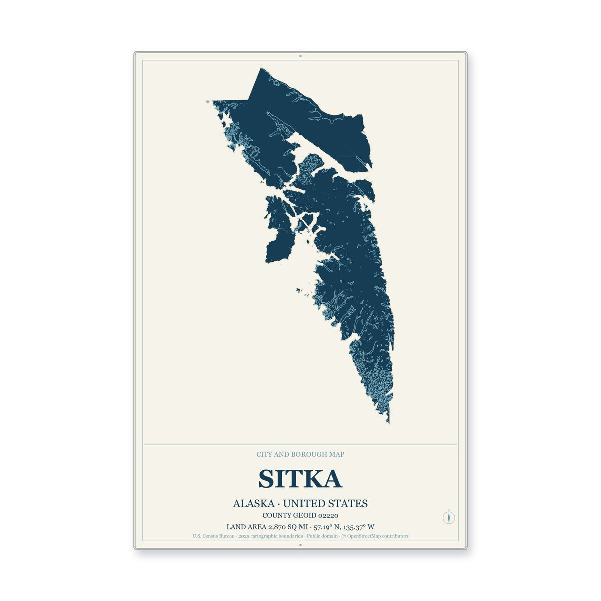 Sitka City and Borough, Alaska Map Aluminum Sign in Coastal Cutout style