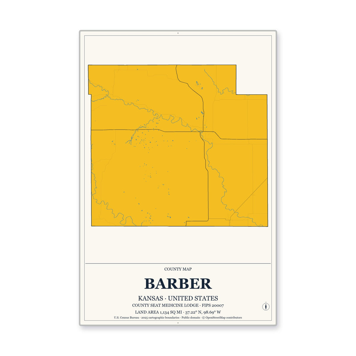 Barber County, Kansas Map Aluminum Sign in Citrine Modern style