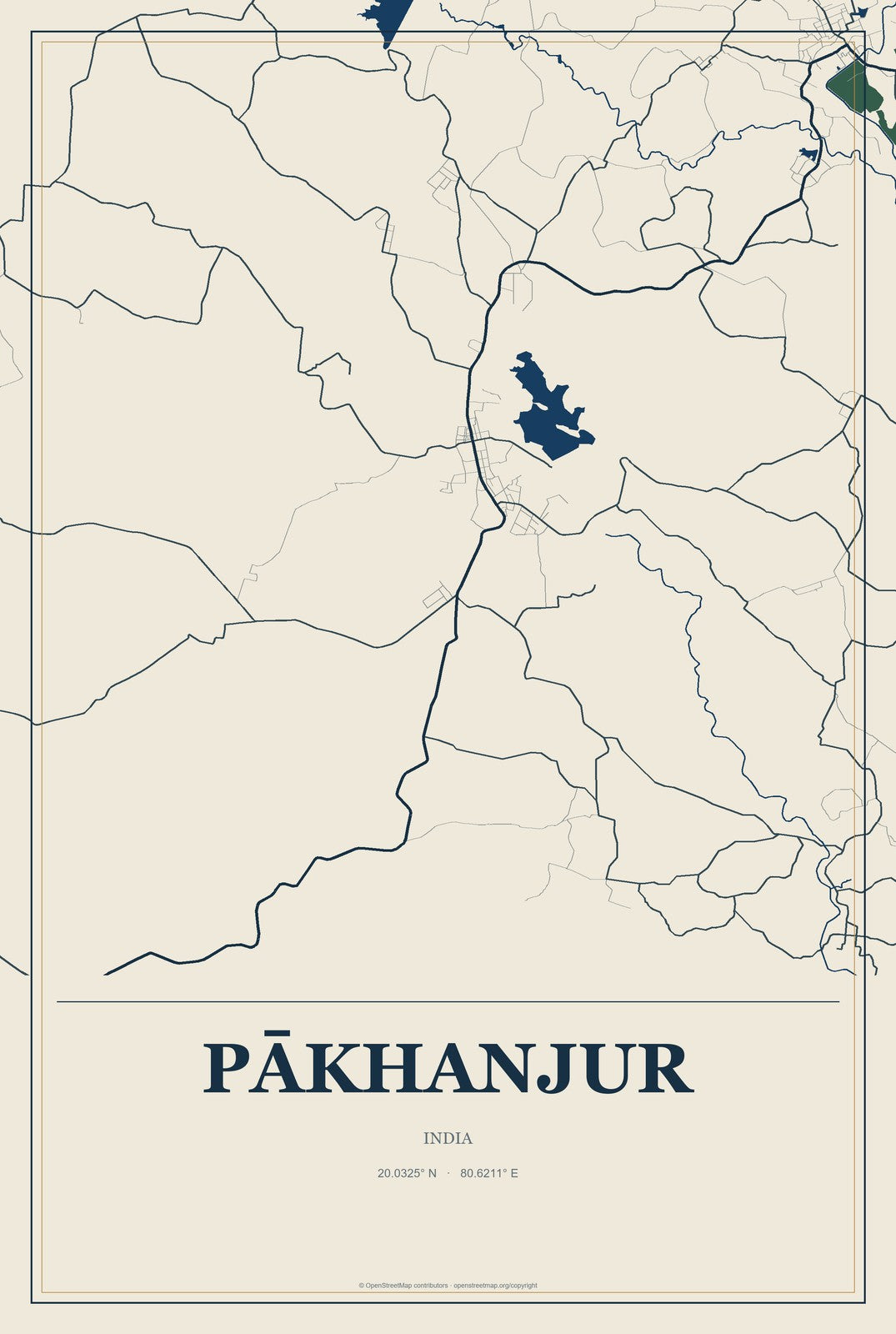 Pākhanjur, India City Map Aluminum Sign in Coastal Cutout style