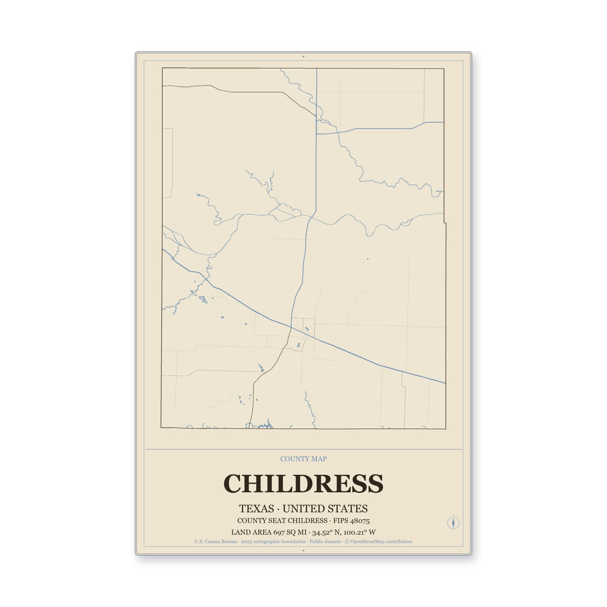 Childress County, Texas Map Aluminum Sign in Heritage Nautical style