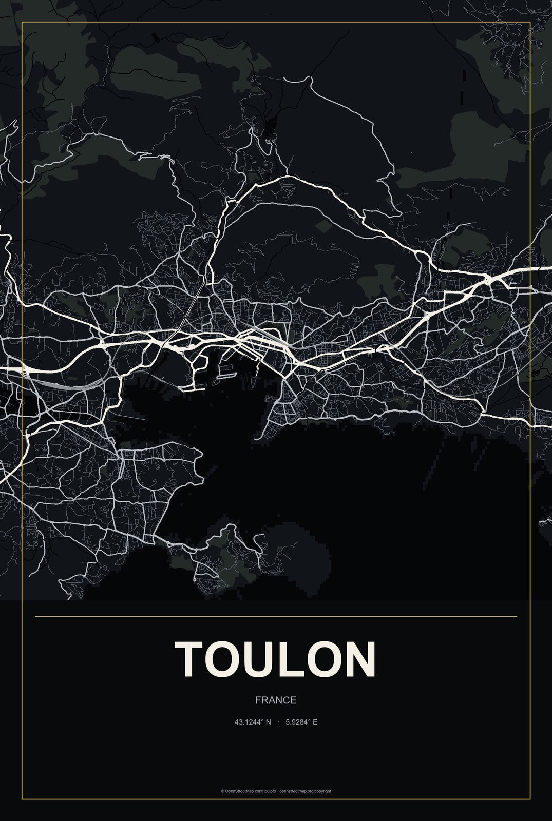 Toulon, France City Map Aluminum Sign in Metropolitan Noir style