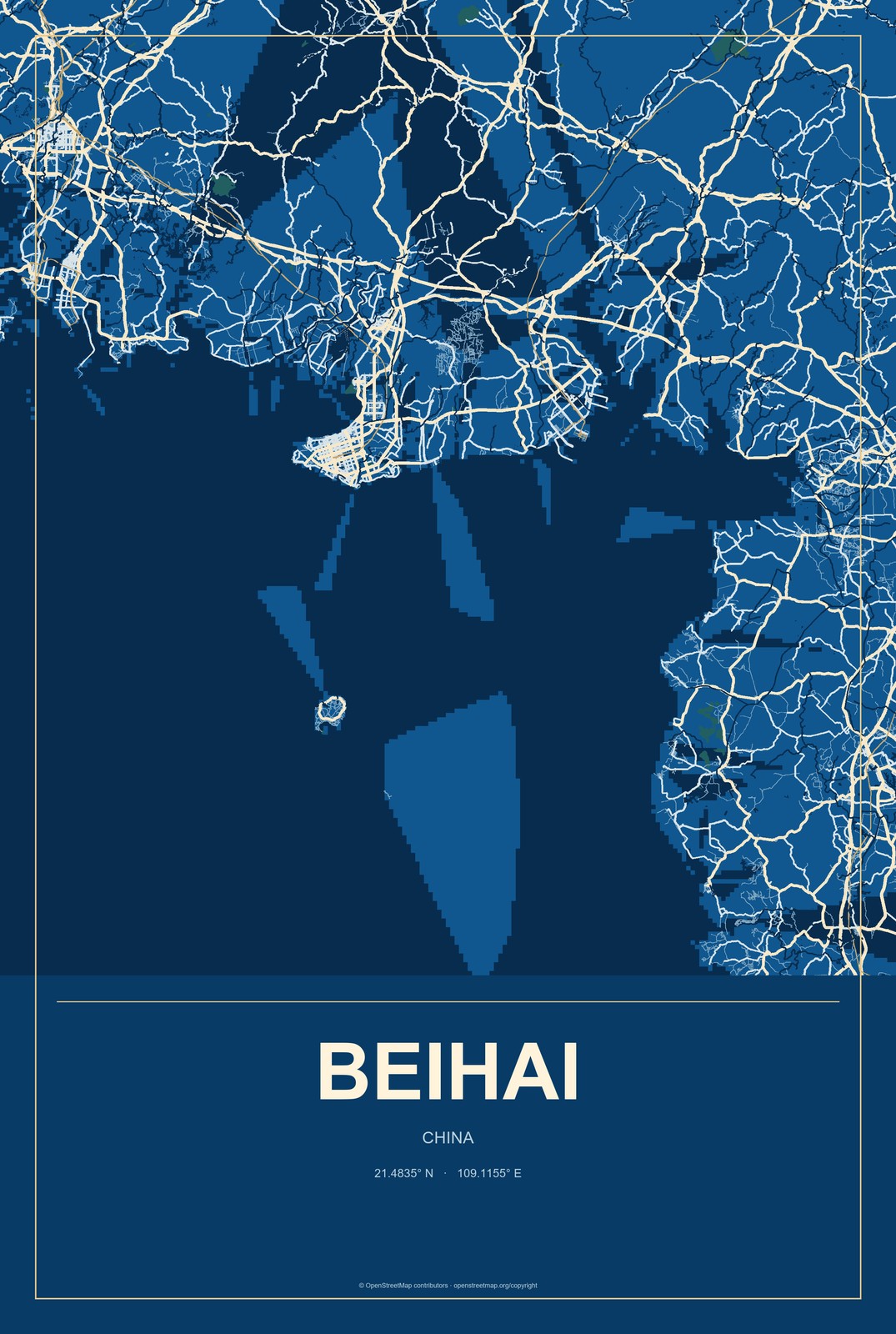 Beihai, Guangxi, China City Map Aluminum Sign in Harbor Cobalt style
