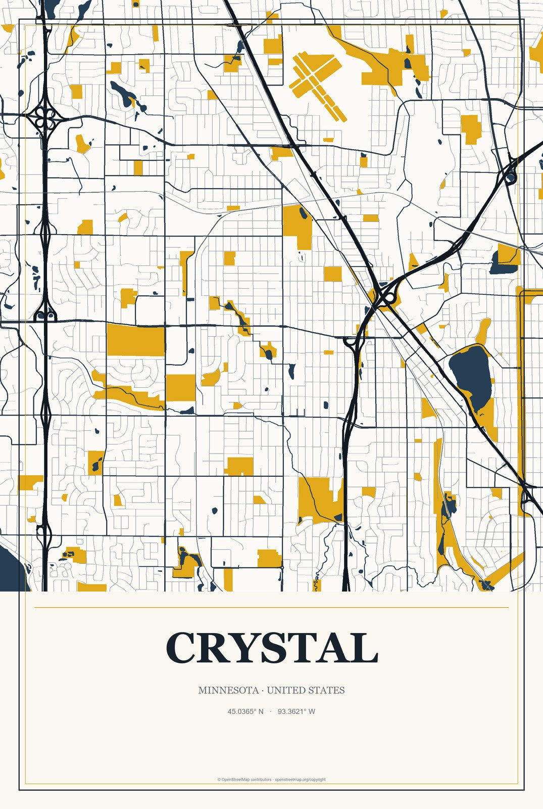 Crystal, Minnesota City Map Aluminum Sign in Citrine Modern style