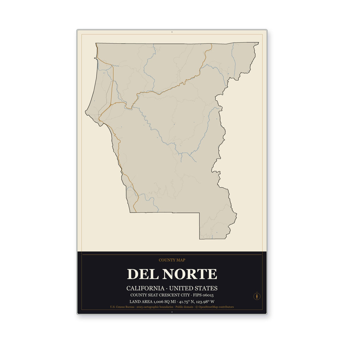 Del Norte County, California Map Aluminum Sign in Museum Plaque style