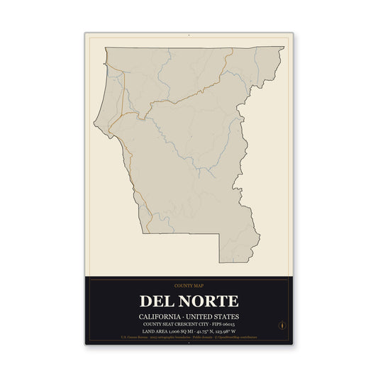 Del Norte County, California Map Aluminum Sign in Museum Plaque style