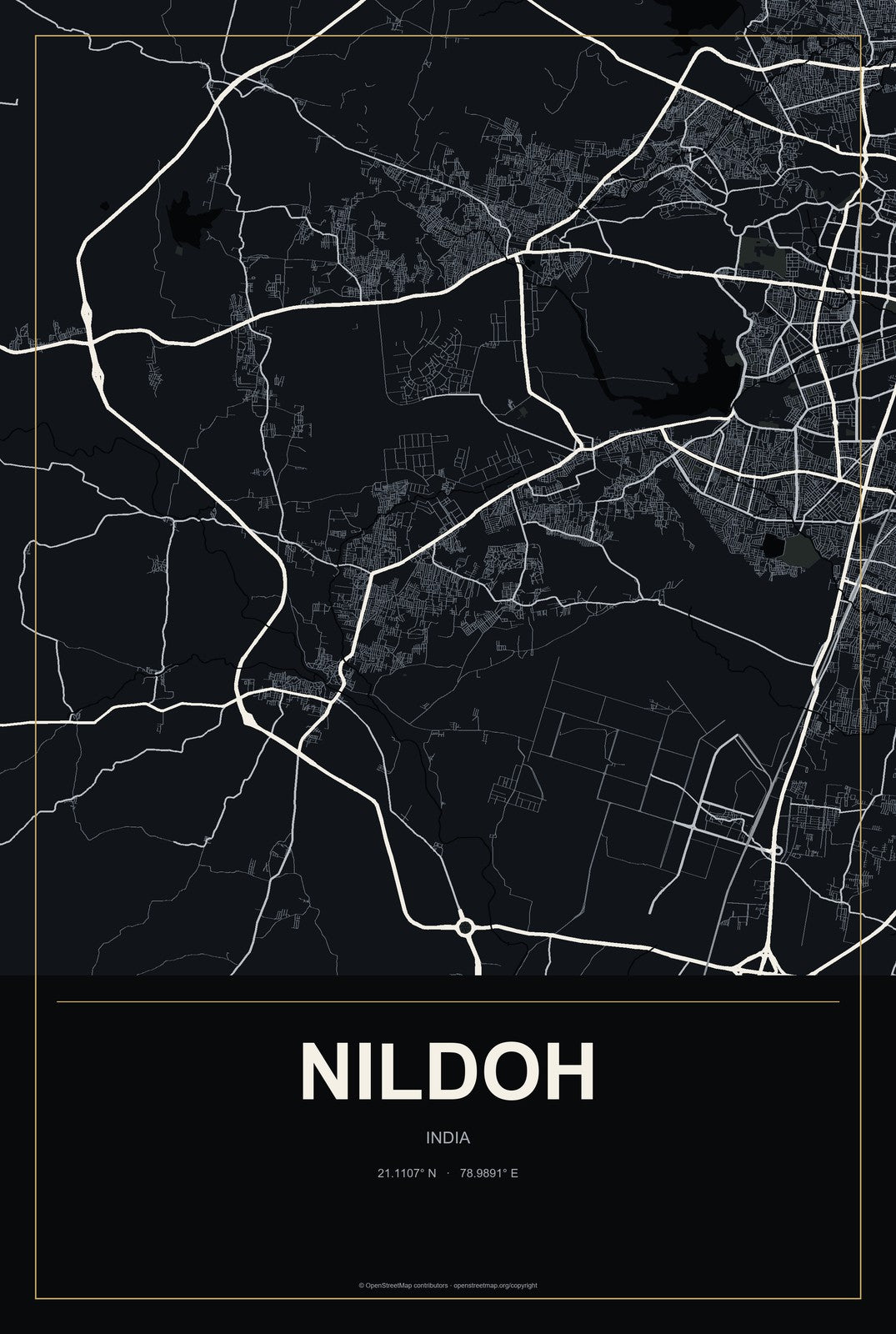 Nildoh, India City Map Aluminum Sign in Metropolitan Noir style