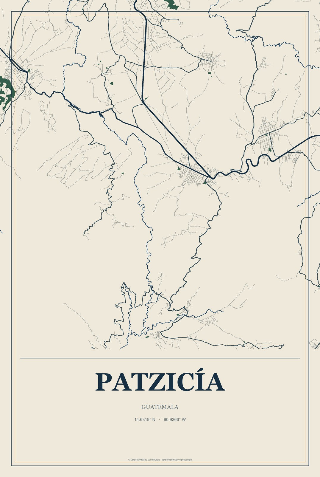 Patzicía, Guatemala City Map Aluminum Sign in Coastal Cutout style