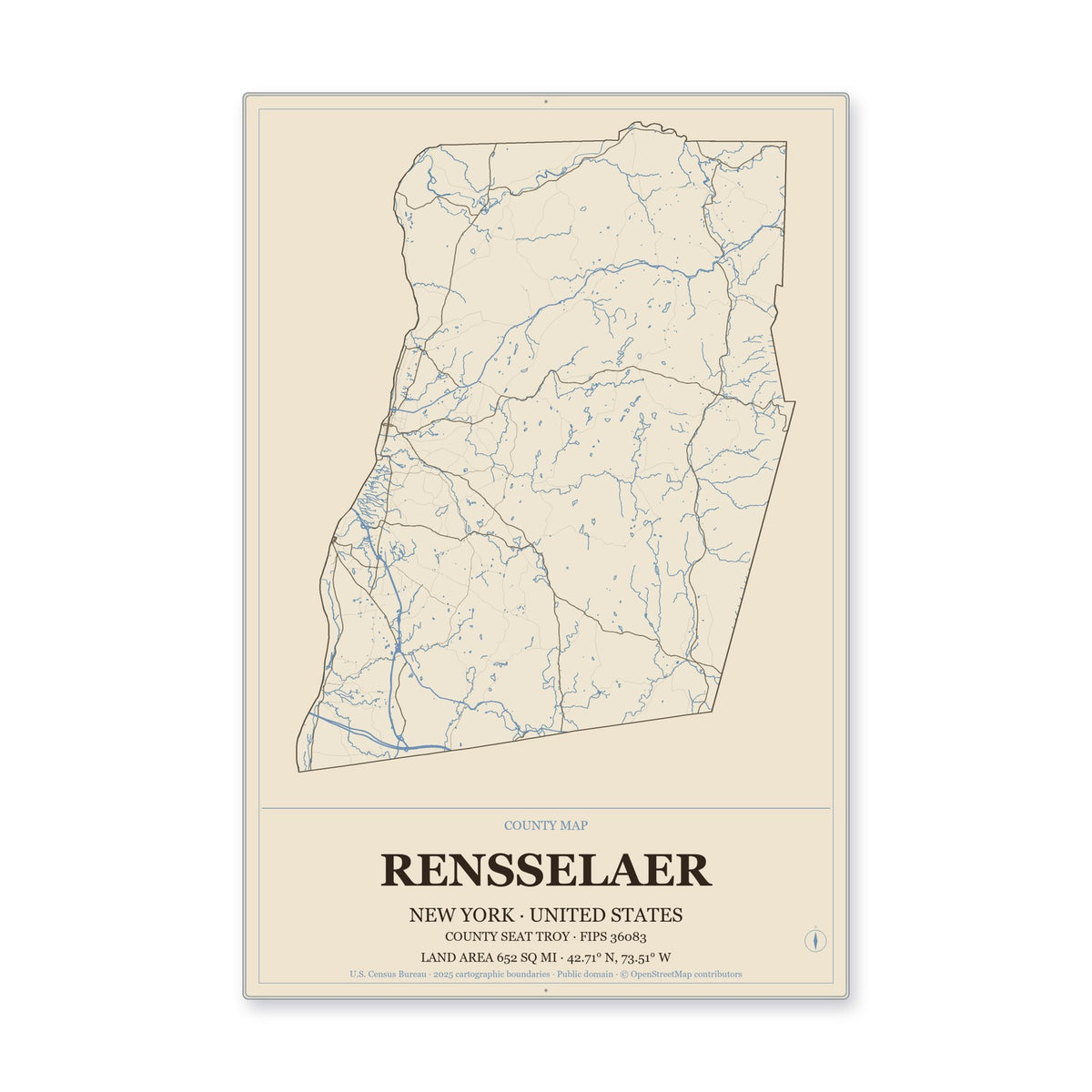 Rensselaer County, New York Map Aluminum Sign in Heritage Nautical style