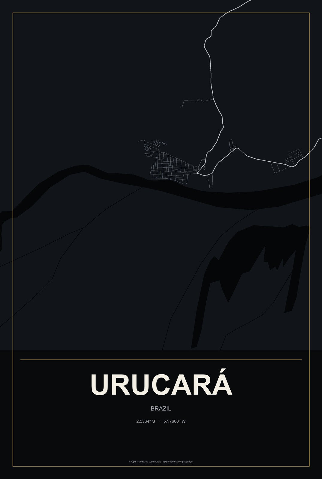 Urucará, Brazil City Map Aluminum Sign in Metropolitan Noir style