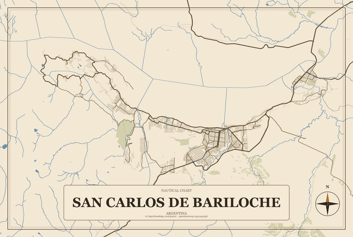 San Carlos de Bariloche, Argentina City Map Aluminum Sign in Heritage Nautical style