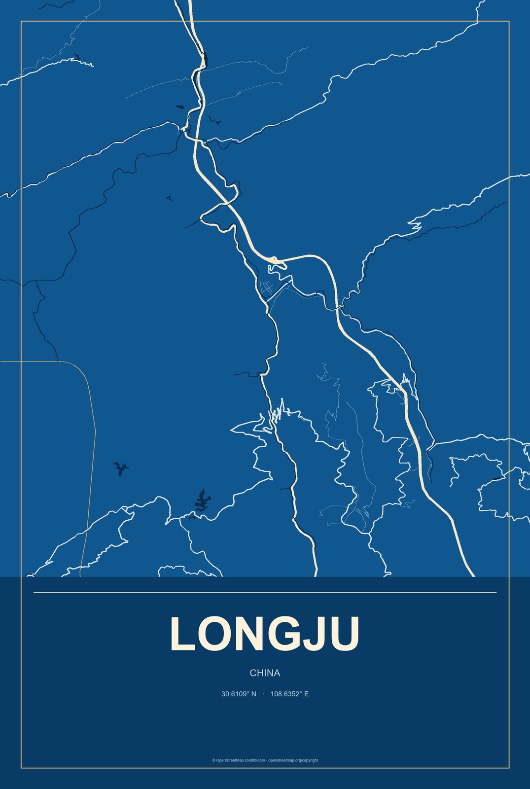 Longju, China City Map Aluminum Sign in Harbor Cobalt style