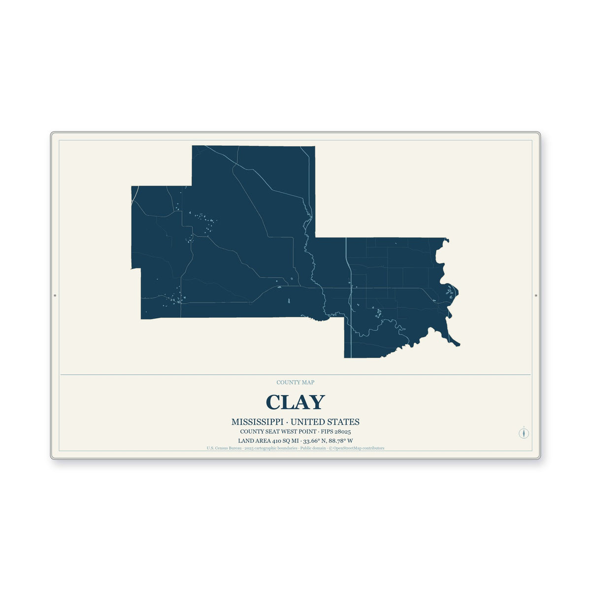 Clay County, Mississippi Map Aluminum Sign in Coastal Cutout style