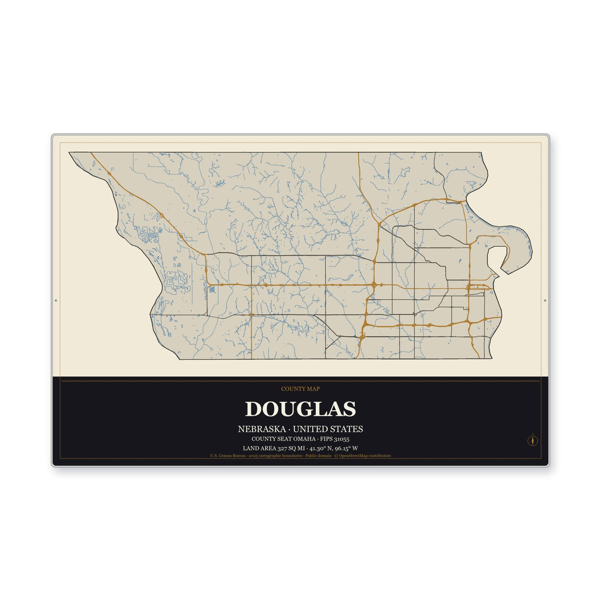 Douglas County, Nebraska Map Aluminum Sign in Museum Plaque style