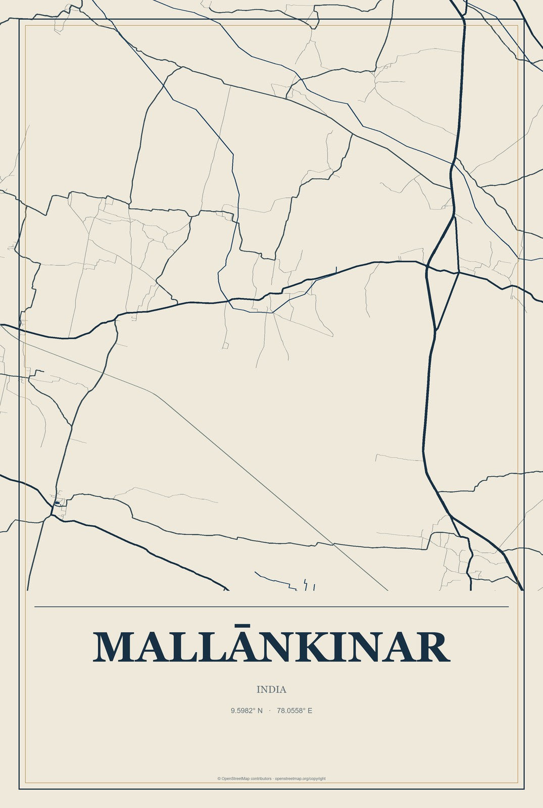 Mallānkinar, India City Map Aluminum Sign in Coastal Cutout style