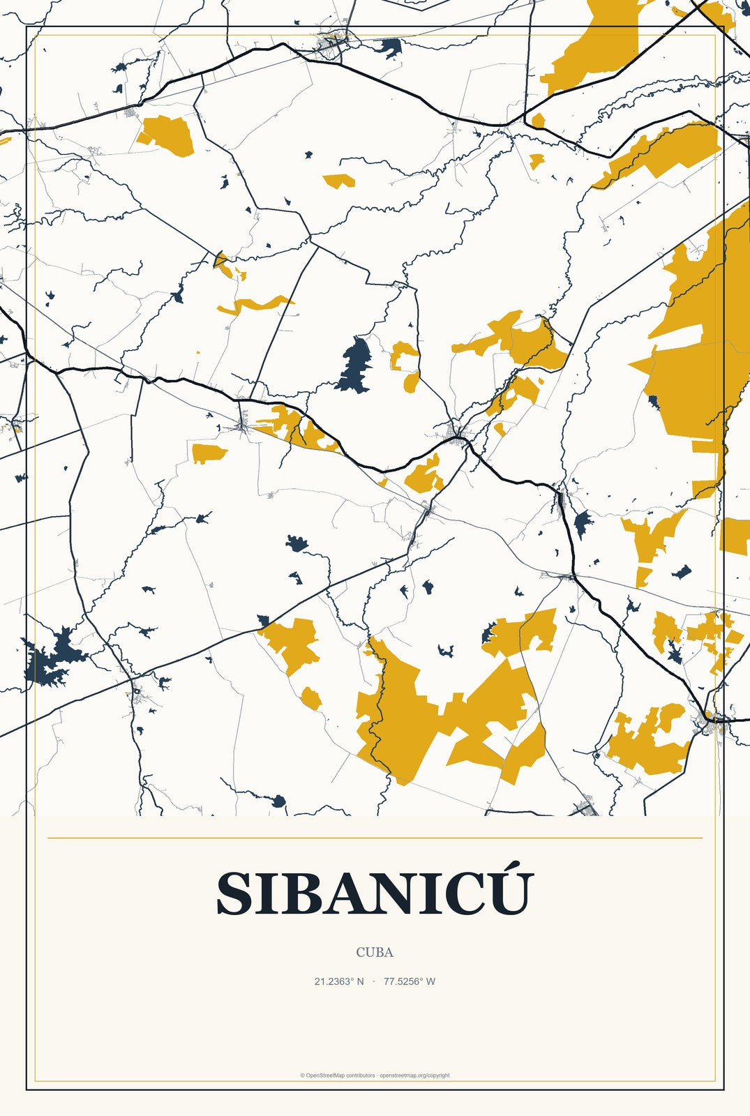 Sibanicú, Cuba City Map Aluminum Sign in Citrine Modern style