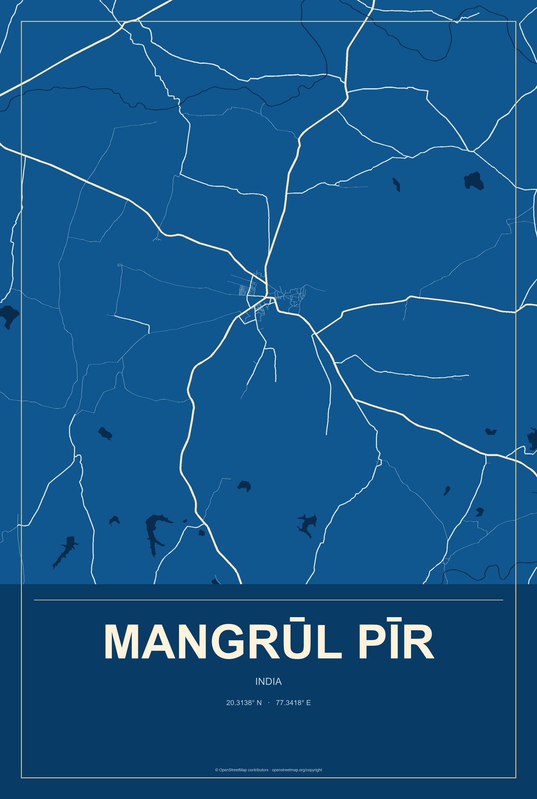 Mangrūl Pīr, India City Map Aluminum Sign in Harbor Cobalt style