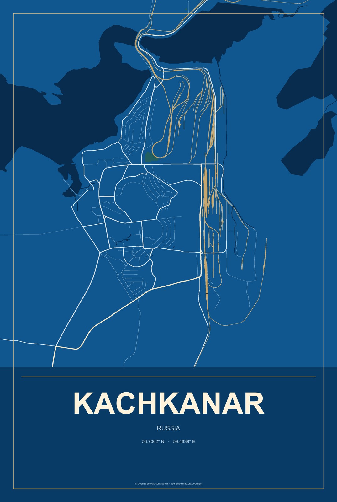 Kachkanar, Russia City Map Aluminum Sign in Harbor Cobalt style