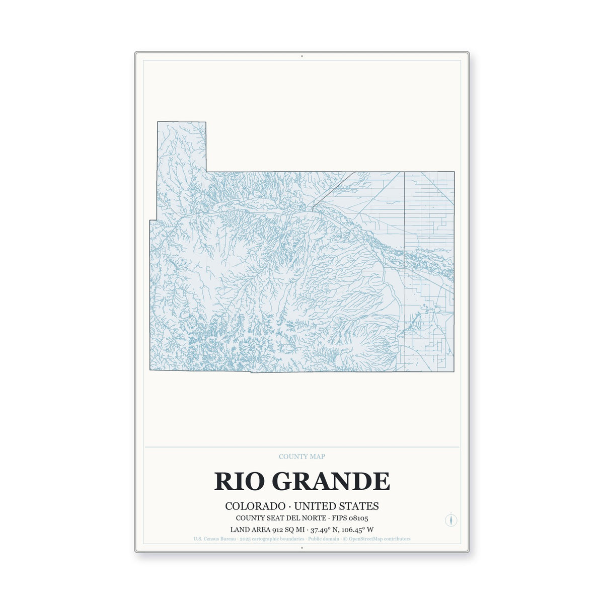 Rio Grande County, Colorado Map Aluminum Sign in Gallery Air style