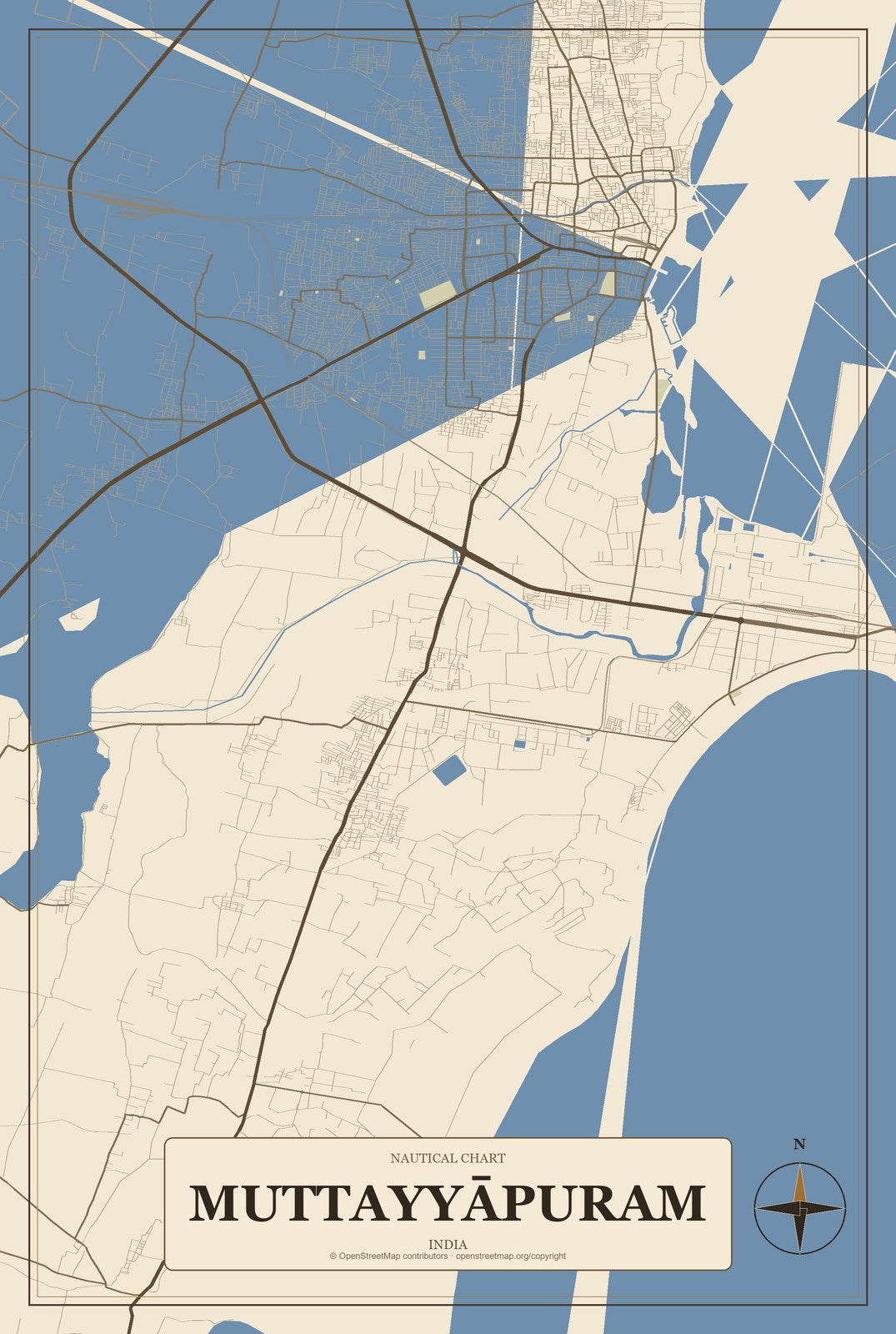 Muttayyāpuram, India City Map Aluminum Sign in Heritage Nautical style