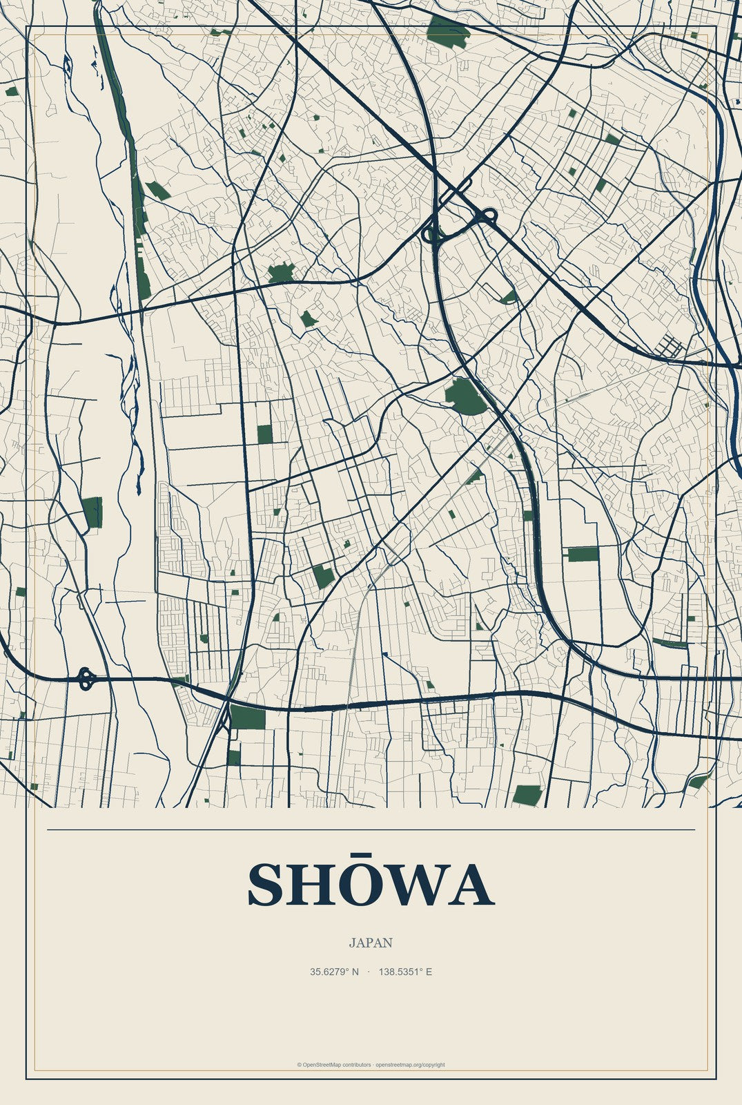 Shōwa, Japan City Map Aluminum Sign in Coastal Cutout style