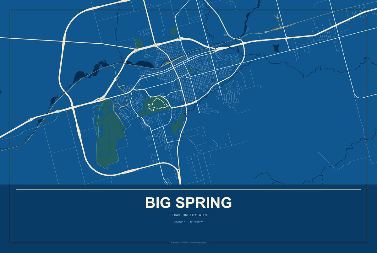 Big Spring, Texas City Map Aluminum Sign in Harbor Cobalt style