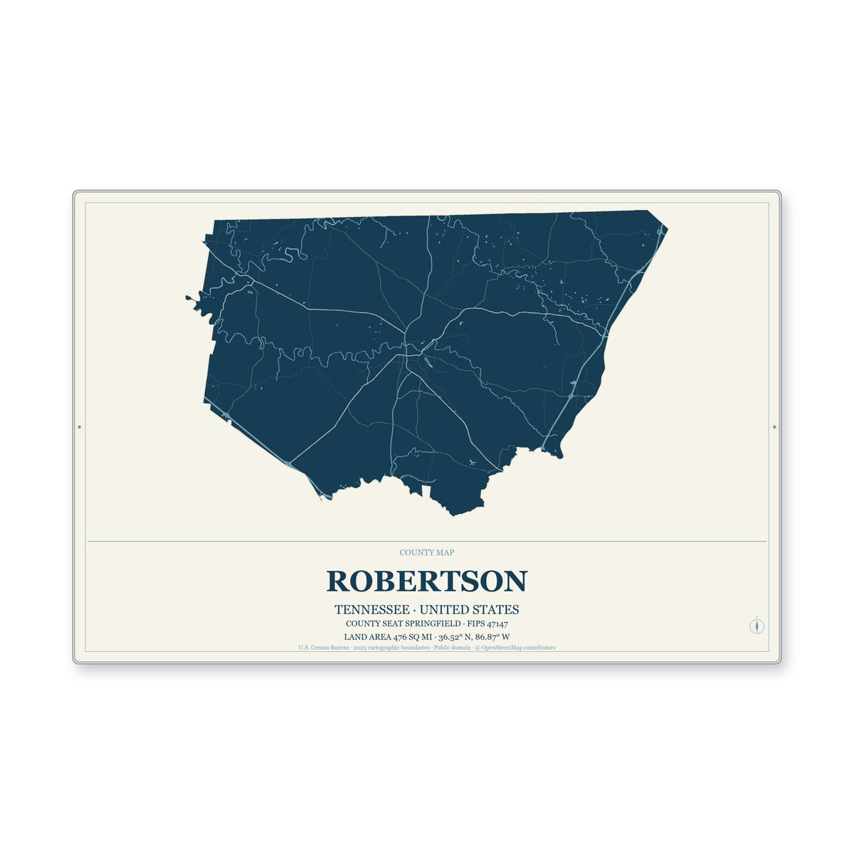 Robertson County, Tennessee Map Aluminum Sign in Coastal Cutout style