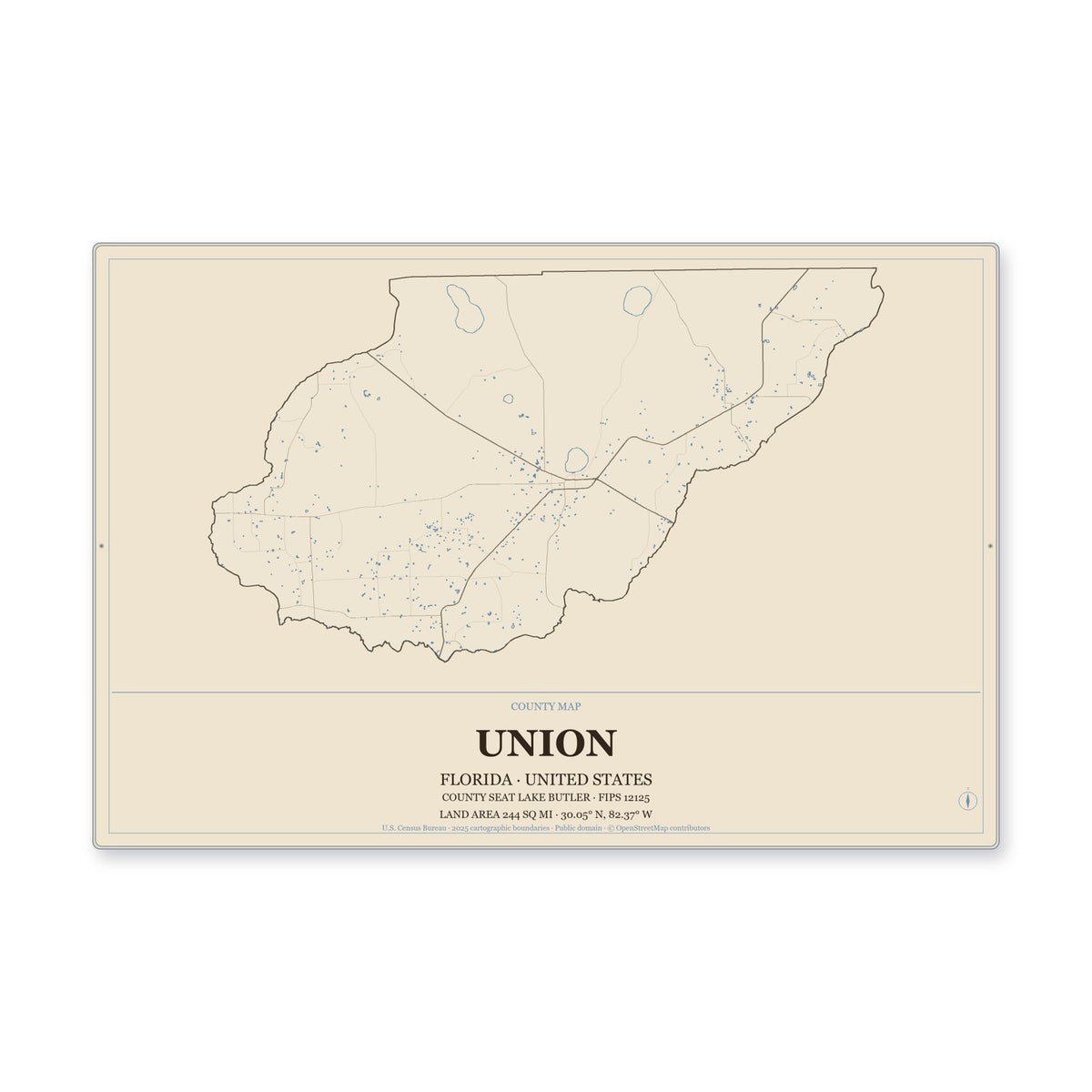 Union County, Florida Map Aluminum Sign in Heritage Nautical style