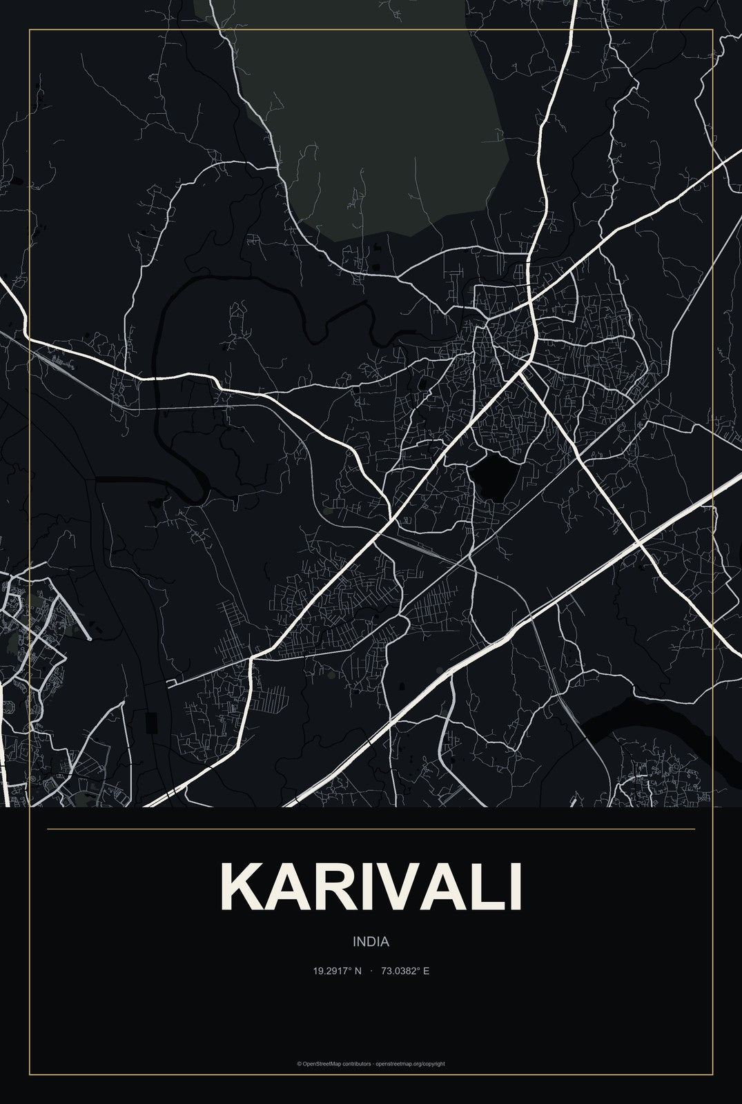 Karivali, India City Map Aluminum Sign in Metropolitan Noir style