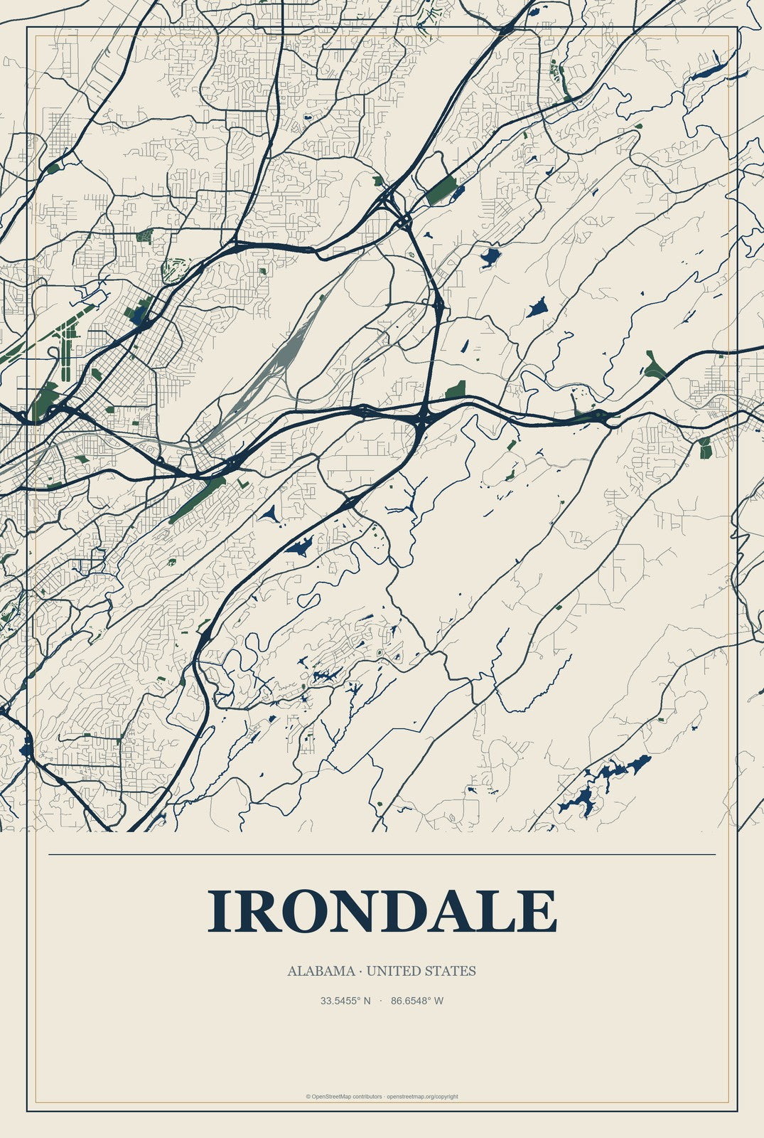 Irondale, Alabama City Map Aluminum Sign in Coastal Cutout style