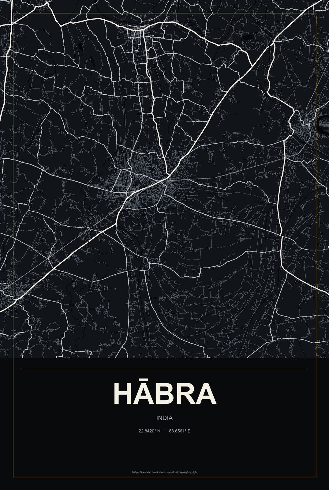 Hābra, India City Map Aluminum Sign in Metropolitan Noir style