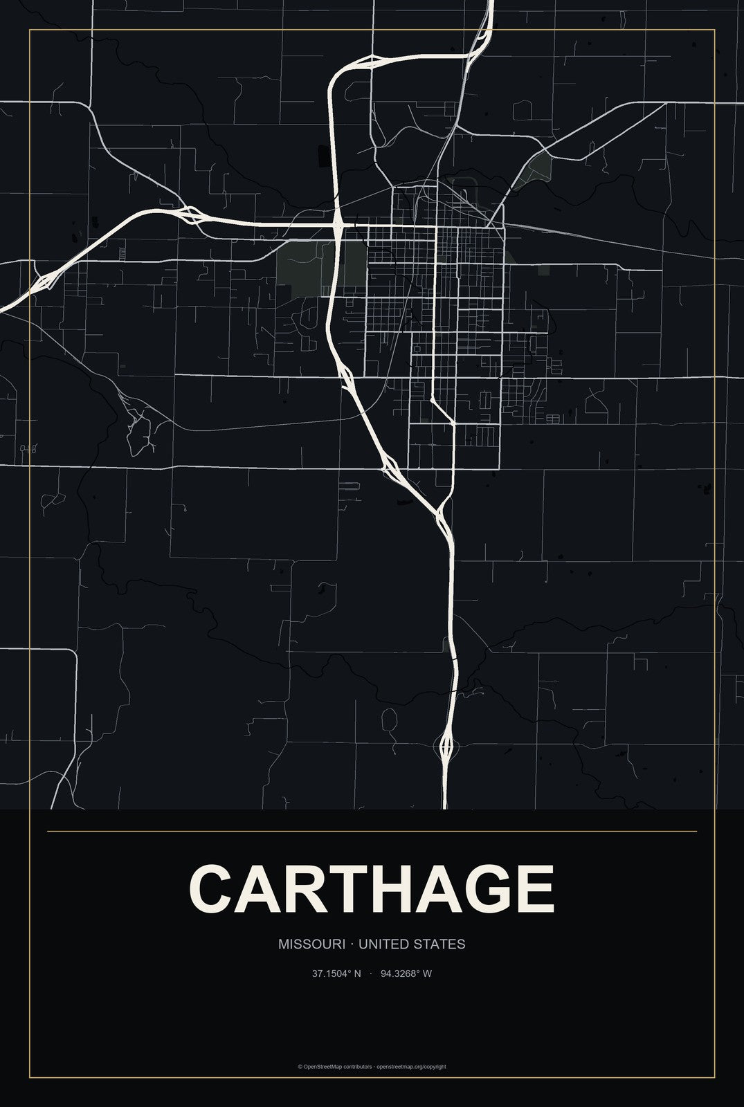 Carthage, Missouri City Map Aluminum Sign in Metropolitan Noir style