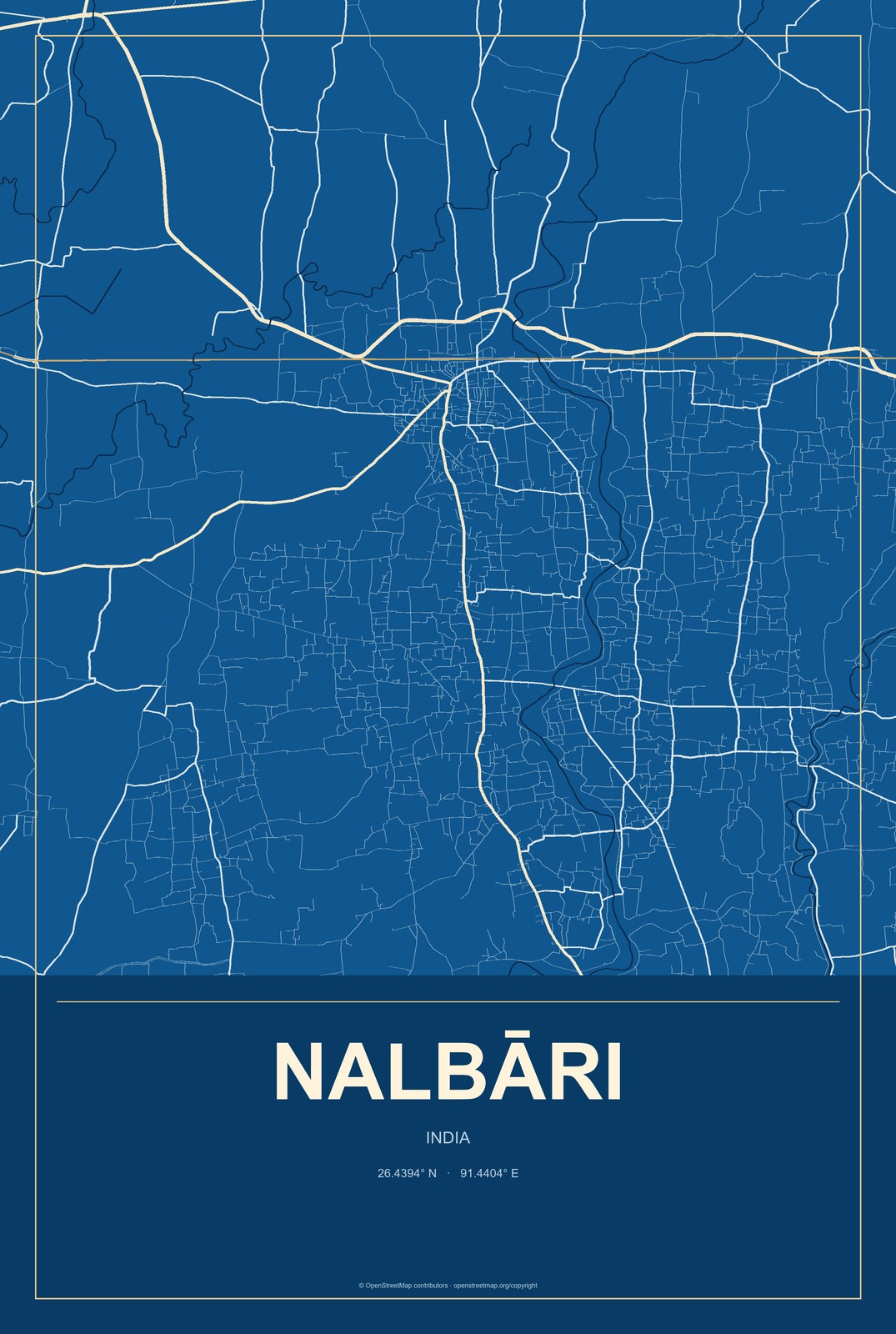 Nalbāri, India City Map Aluminum Sign in Harbor Cobalt style