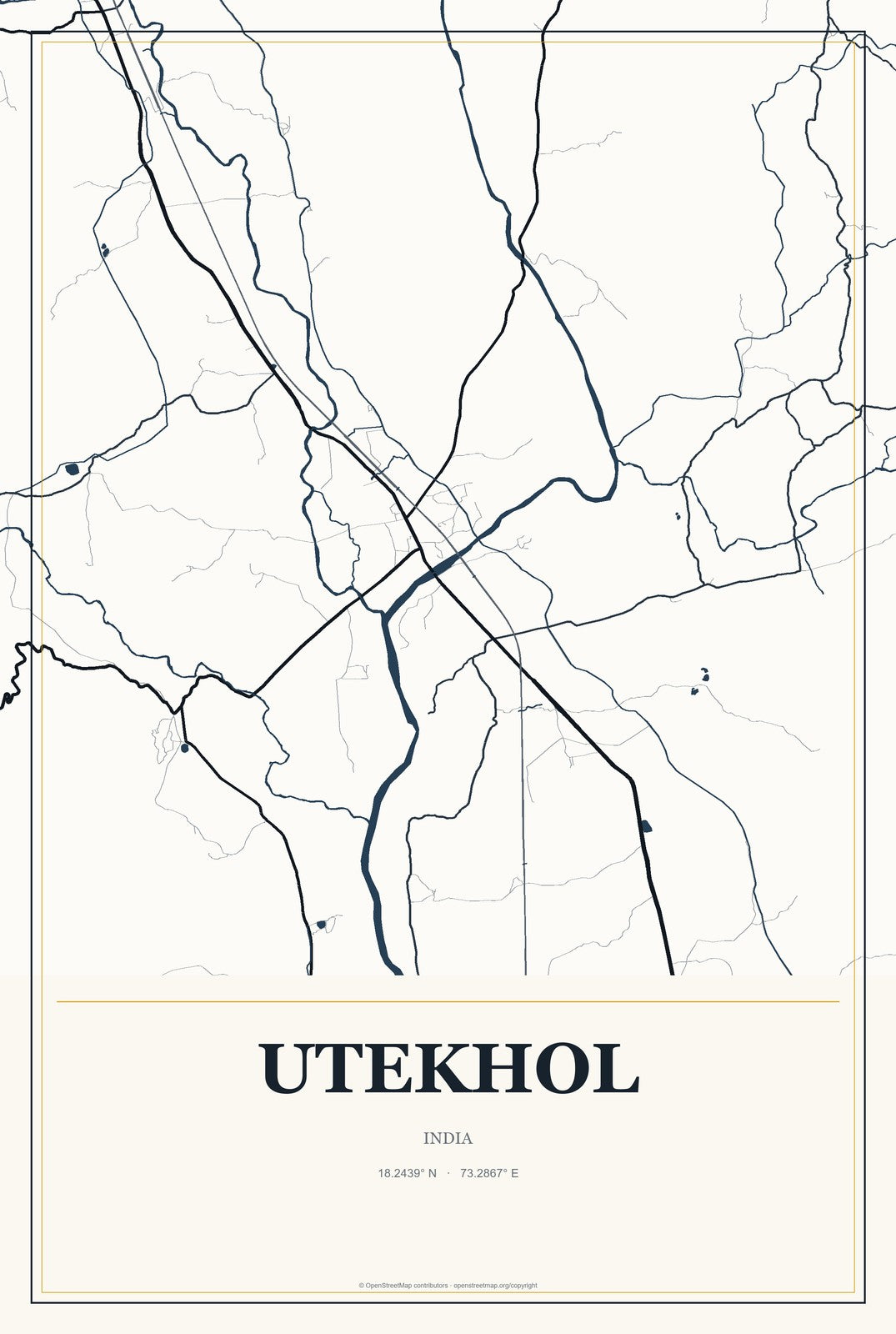 Utekhol, India City Map Aluminum Sign in Citrine Modern style