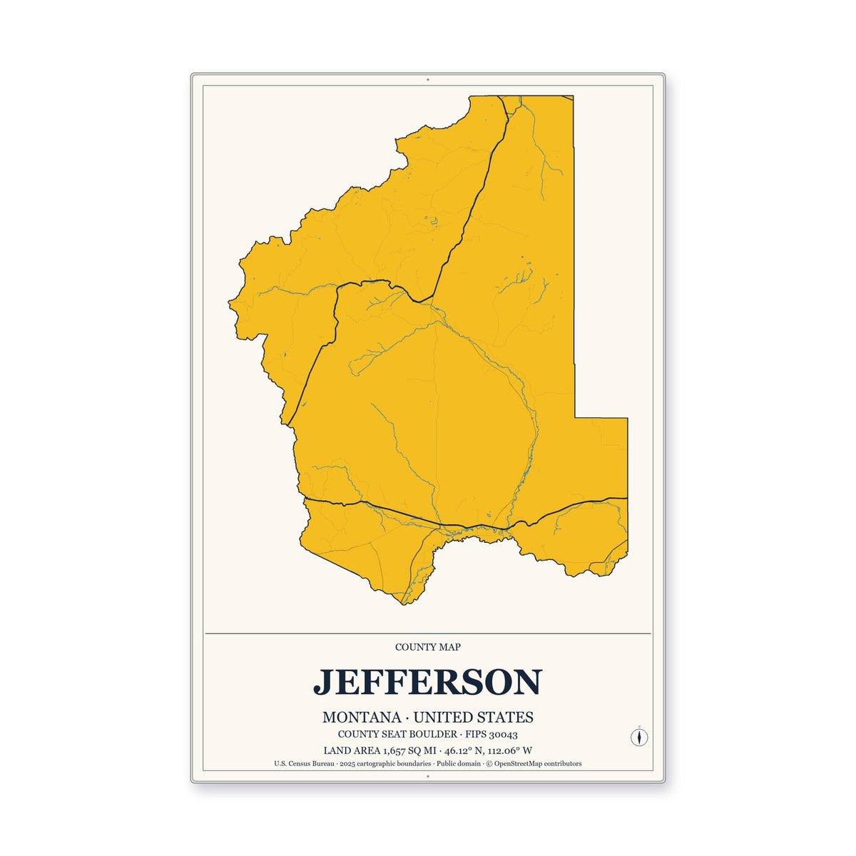 Jefferson County, Montana Map Aluminum Sign in Citrine Modern style