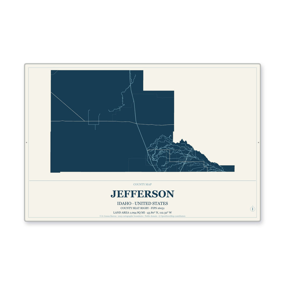 Jefferson County, Idaho Map Aluminum Sign in Coastal Cutout style