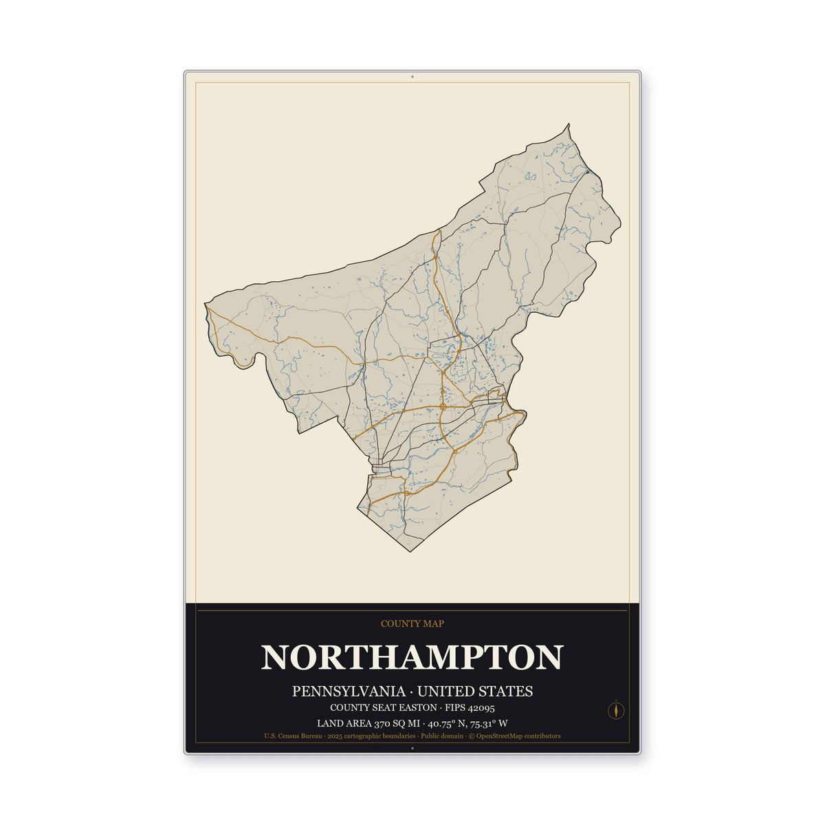 Northampton County, Pennsylvania Map Aluminum Sign in Museum Plaque style