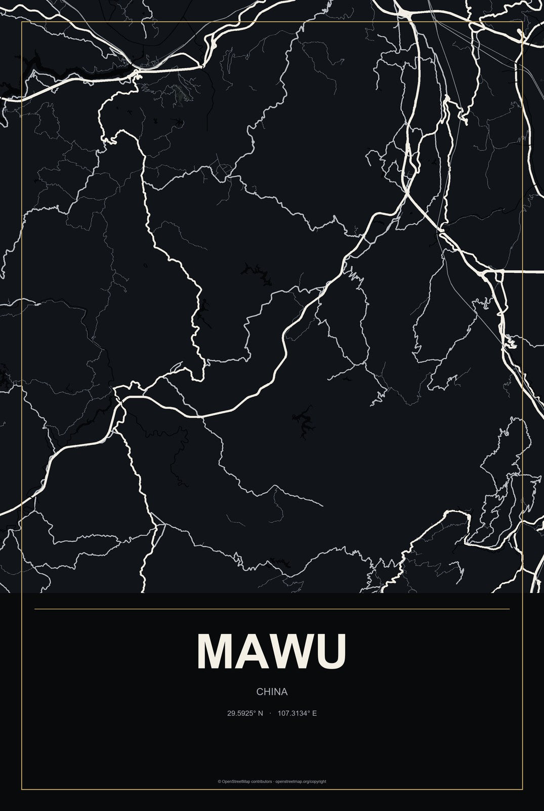Mawu, Gansu, China City Map Aluminum Sign in Metropolitan Noir style
