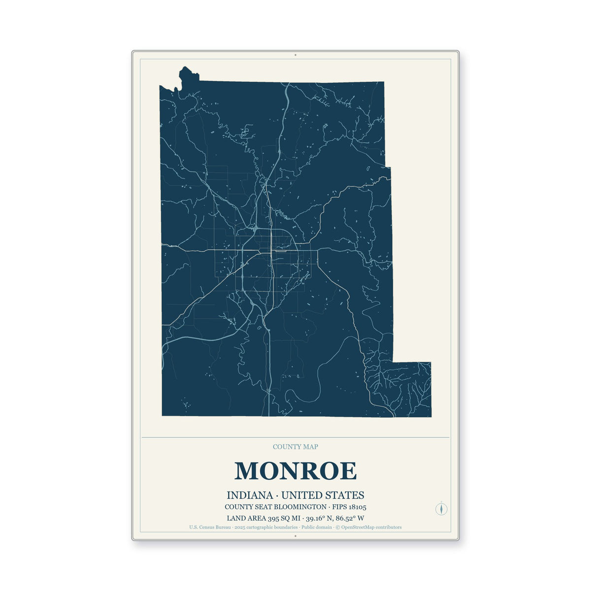 Monroe County, Indiana Map Aluminum Sign in Coastal Cutout style