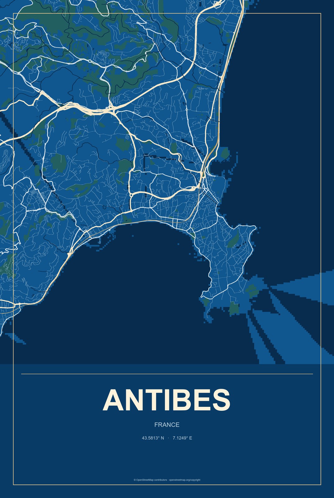 Antibes, France City Map Aluminum Sign in Harbor Cobalt style