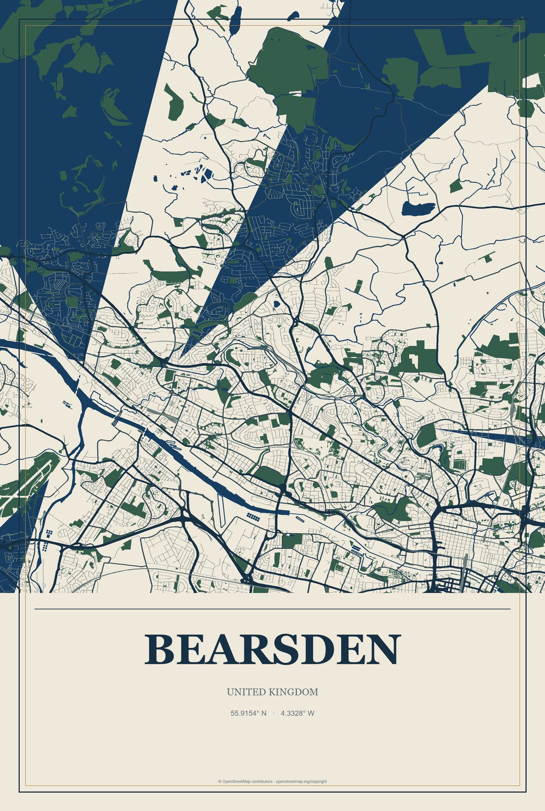 Bearsden, United Kingdom City Map Aluminum Sign in Coastal Cutout style