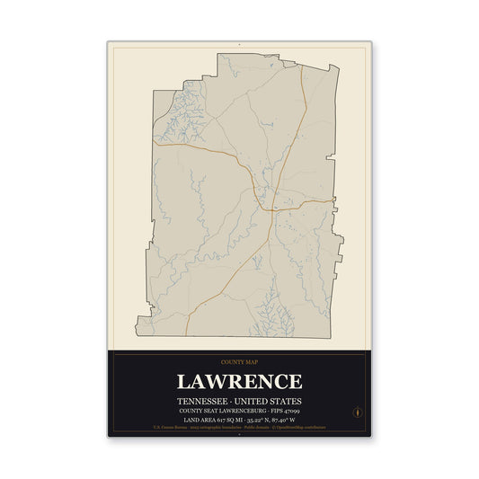 Lawrence County, Tennessee Map Aluminum Sign in Museum Plaque style