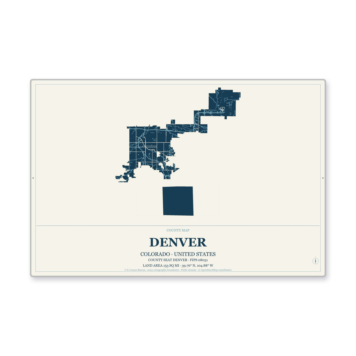 Denver County, Colorado Map Aluminum Sign in Coastal Cutout style
