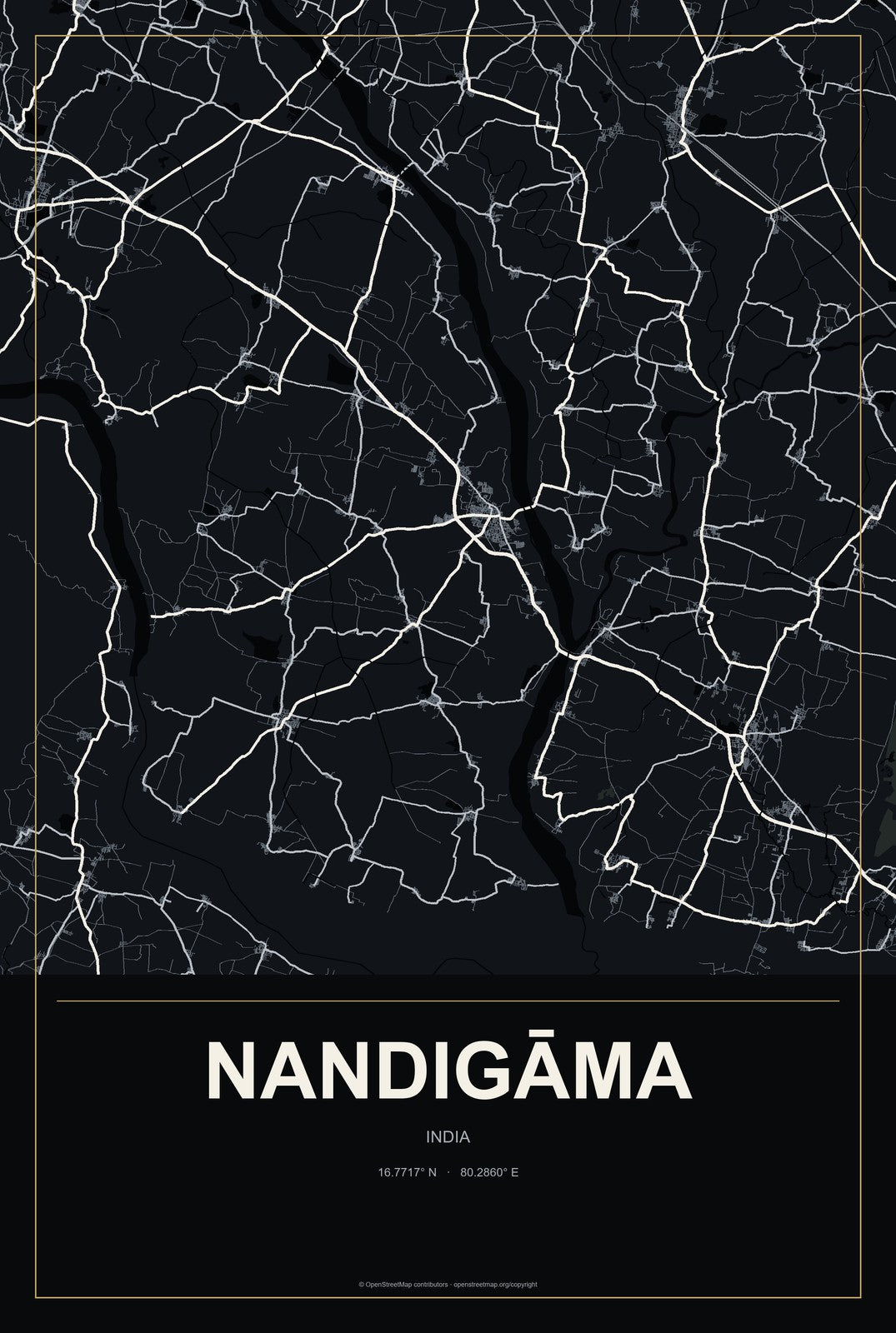 Nandigāma, India City Map Aluminum Sign in Metropolitan Noir style