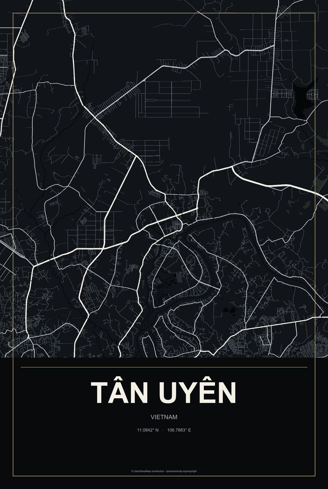 Tân Uyên, Vietnam City Map Aluminum Sign in Metropolitan Noir style
